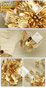 طرح پوستر دیواری سه بعدی لوکس اروپایی الماس و طلا گل ابریشمی طلایی و جواهر - Image 2