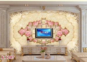 طرح پوستر دیواری سه بعدی اروپا سنگ مرمر برجسته و گلهای رز صورتی
