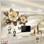 پوستر کاغذ دیواری گل های دست ساز سه بعدی و گوزن طلایی