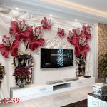 طرح پوستر کاغذ دیواری سه بعدی اروپایی گل زرشکی و طلایی و جواهر بر روی پس زمینه لمسه