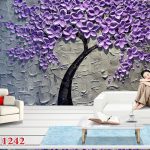 پوستر دیواری سه بعدی درخت با شکوفه های بنفش نقاشی رنگ روغن