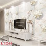 پوستر دیواری سه بعدی طلا و جواهر گل و گوزن دکوراتیو روی پس زمینه