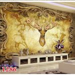 طرح پوستر دیواری سه بعدی پس زمینه جنگل طلایی و سر گوزن