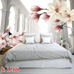 پوستر دیواری سه بعدی ماگنولیا و راهروی سلطنتی با ستون های سفید
