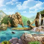 پوستر دریاچه با کوه و آبشار
