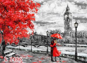 پوستر دیواری سه بعدی مردو زن آبرنگی زیر چتردر لندن