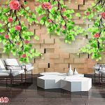 پوستر دیواری سه بعدی آجری با گلهای تزئین شده