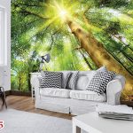 پوستر دیواری سه بعدی جنگل سرسبز در انعکاس نور خورشید